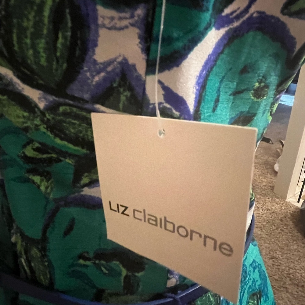 NWT Liz Claiborne Fit & Flare Floral Blue and Green Sleeveless Dress, size 16 - Picture 5 of 9